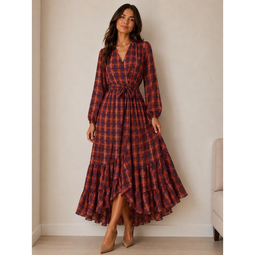 Umgee Red Plaid Maxi Wrap Dress